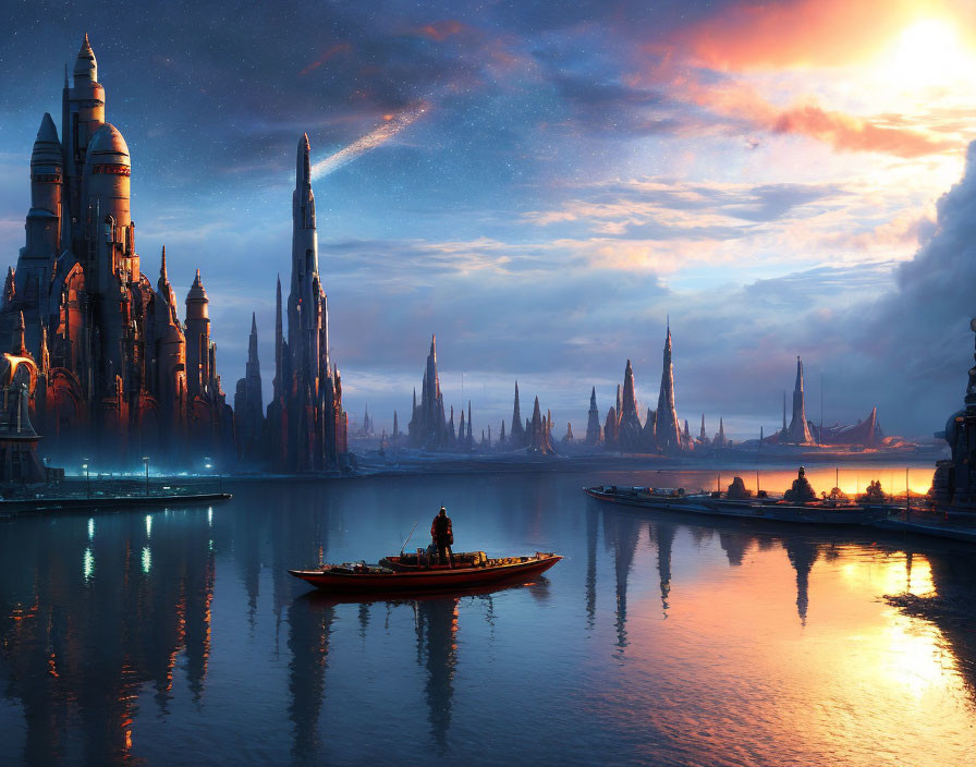 Futuristic city skyline at twilight with calm water and boat
