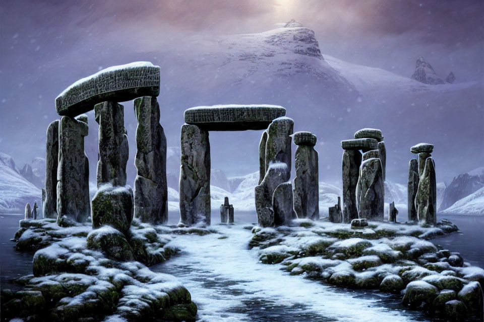 Snowy Stonehenge Twilight Scene with Figure in Purple Sky