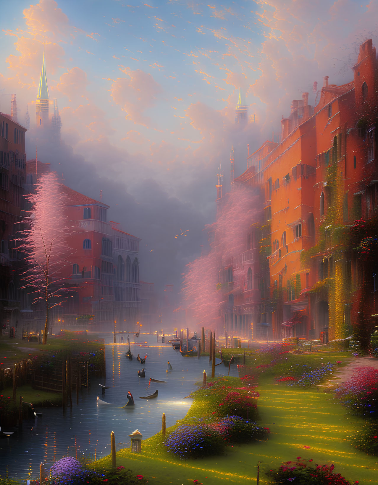 Venetian canal with glowing flora, gondolas, vibrant buildings, pink-tinged sky
