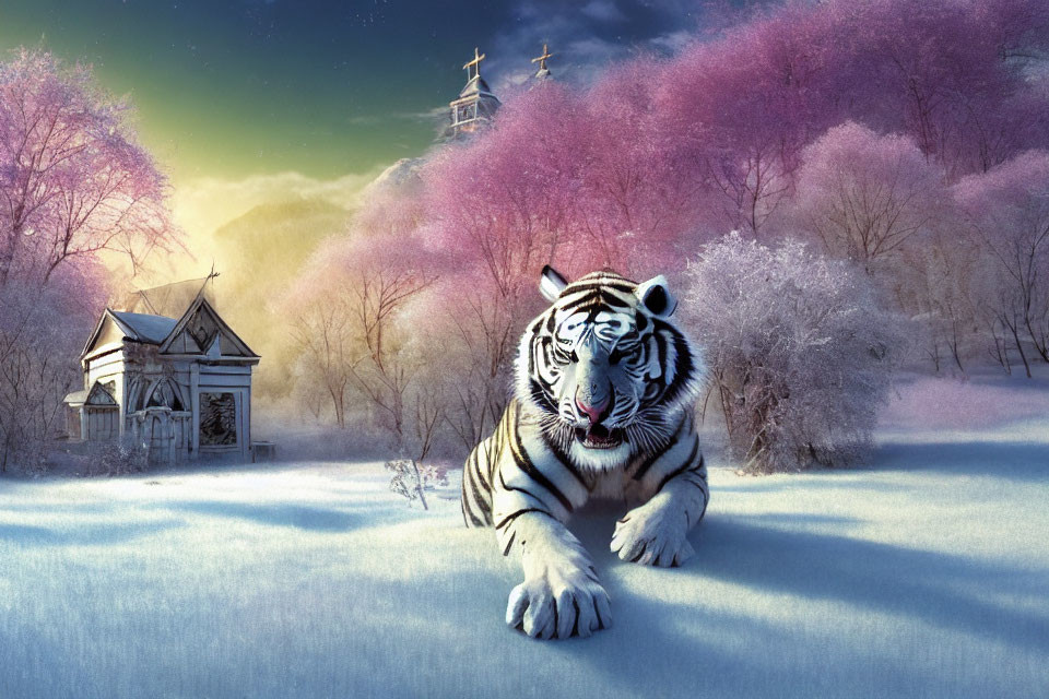 White tiger in snowy landscape with pink trees and old chapel under glowing sky