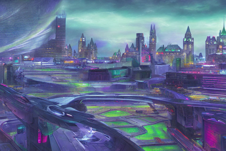 Futuristic Cityscape with Neon Lights and Skyscrapers at Twilight