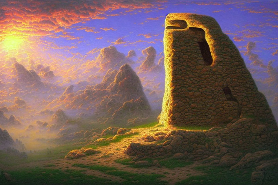 Mystical stone structure with window on grassy hill at sunrise