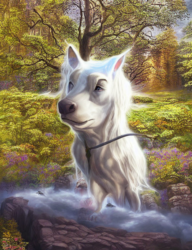 Majestic white wolf with blue eyes in vibrant forest landscape