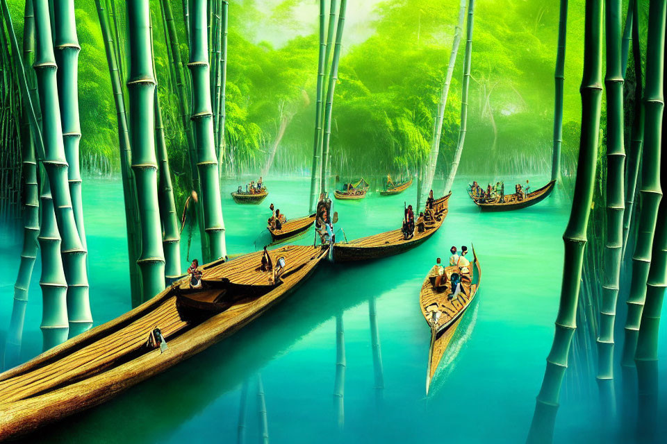 Tranquil river in bamboo forest with people paddling wooden boats