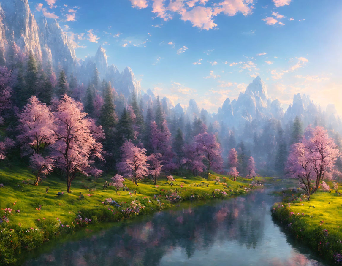 Tranquil landscape: cherry trees, river, mountains, pink sky
