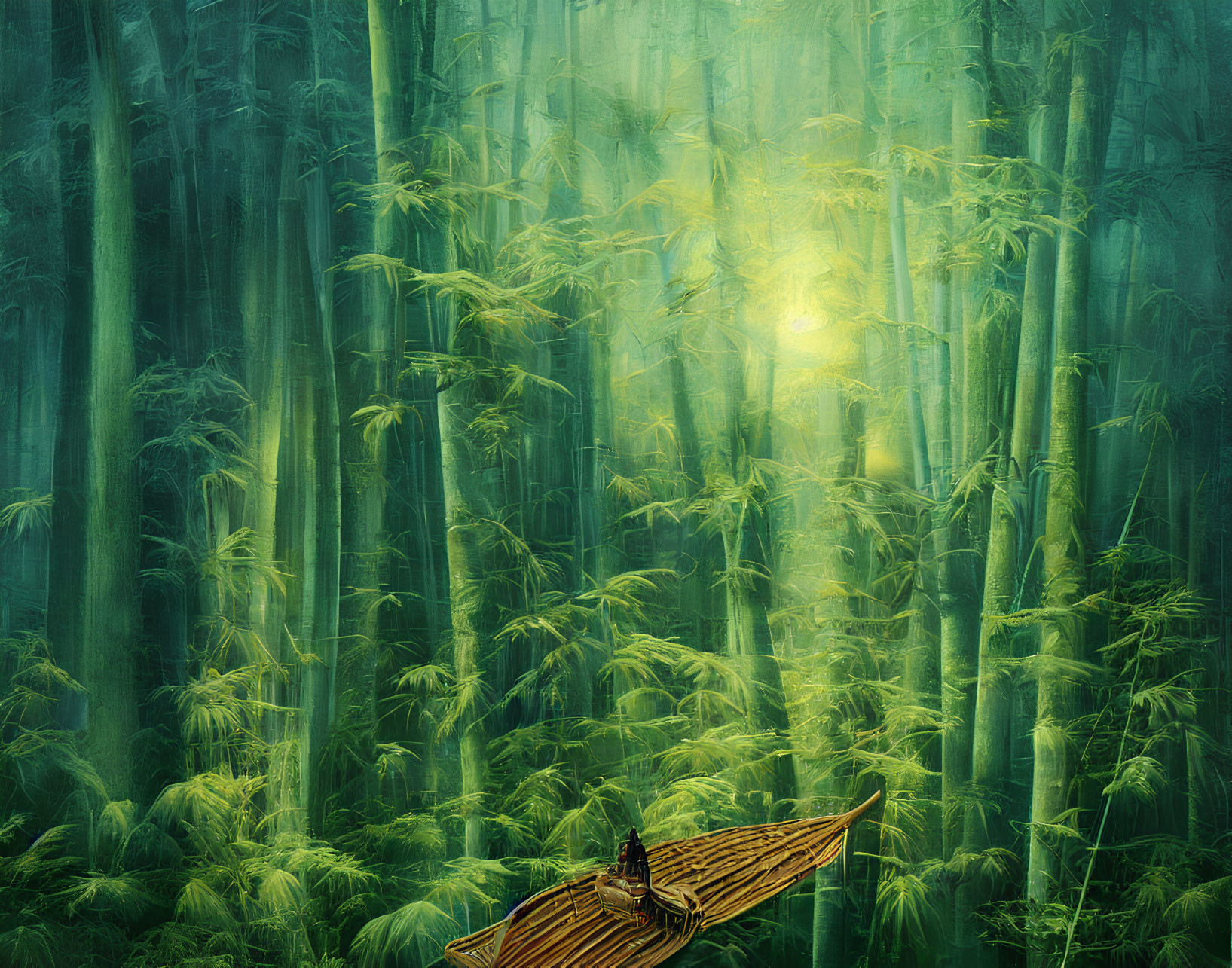 Person standing on wooden boat in serene bamboo forest with sunlight filtering through foliage