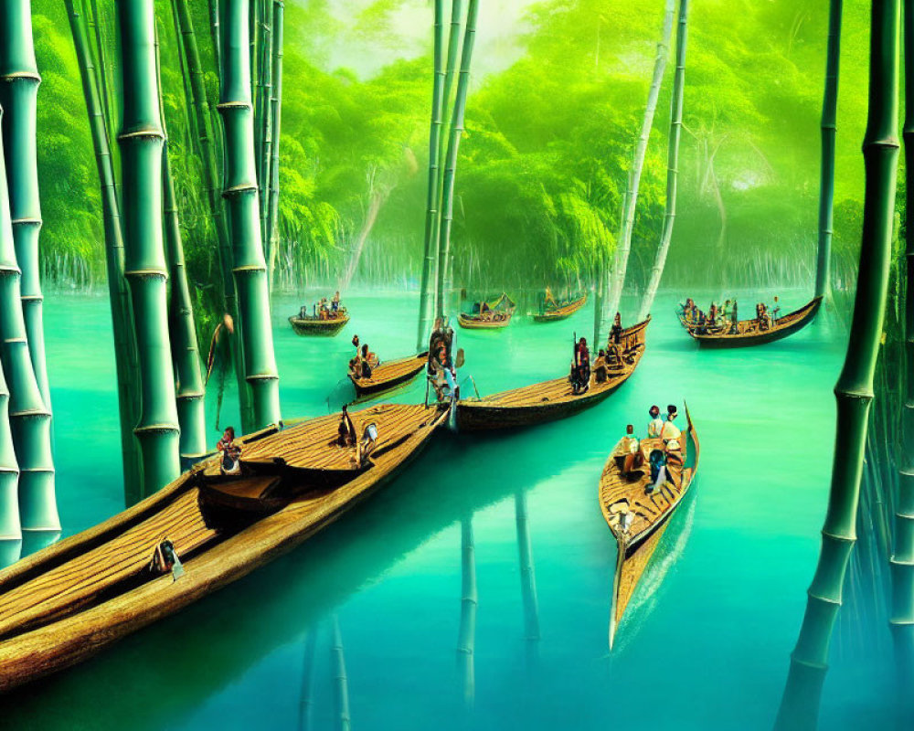 Tranquil river in bamboo forest with people paddling wooden boats
