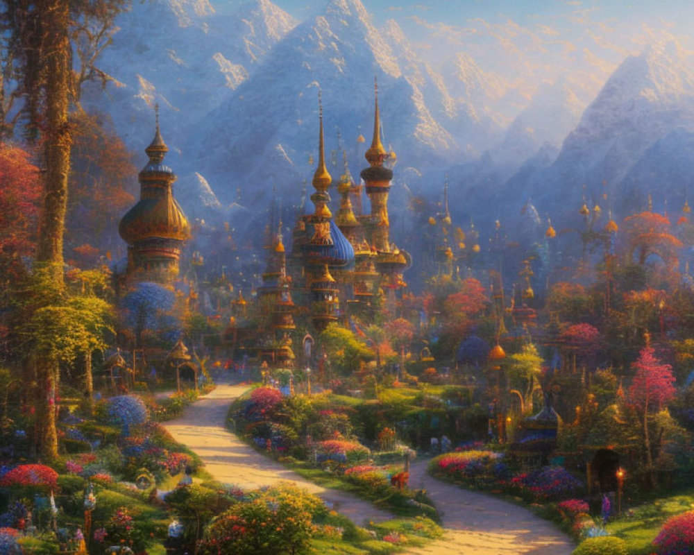 Fantasy landscape with cobblestone path, ornate towers, colorful garden, and majestic mountains