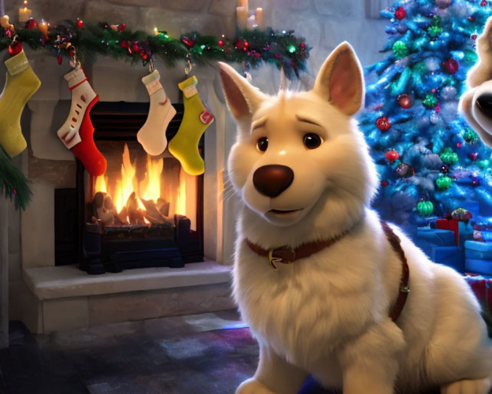 White Dog in Cozy Christmas Scene with Fireplace and Tree