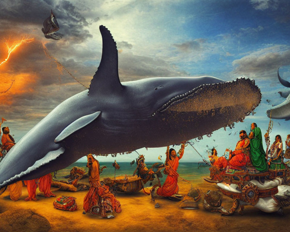 Giant whales hover over desert with traditional-dressed people and floating objects