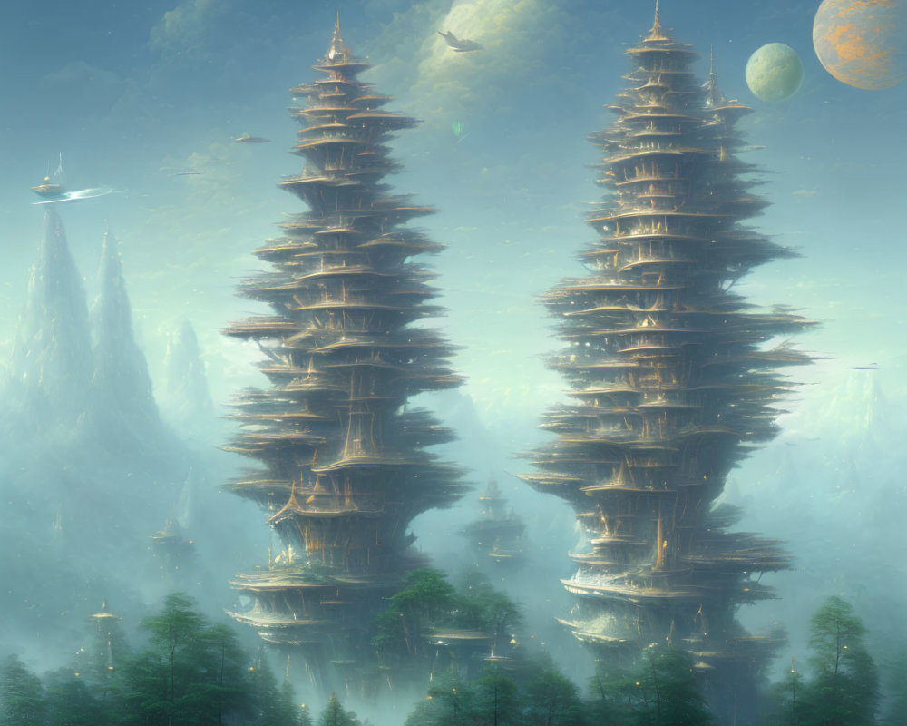 Majestic pagoda-like structures in misty mountain landscape
