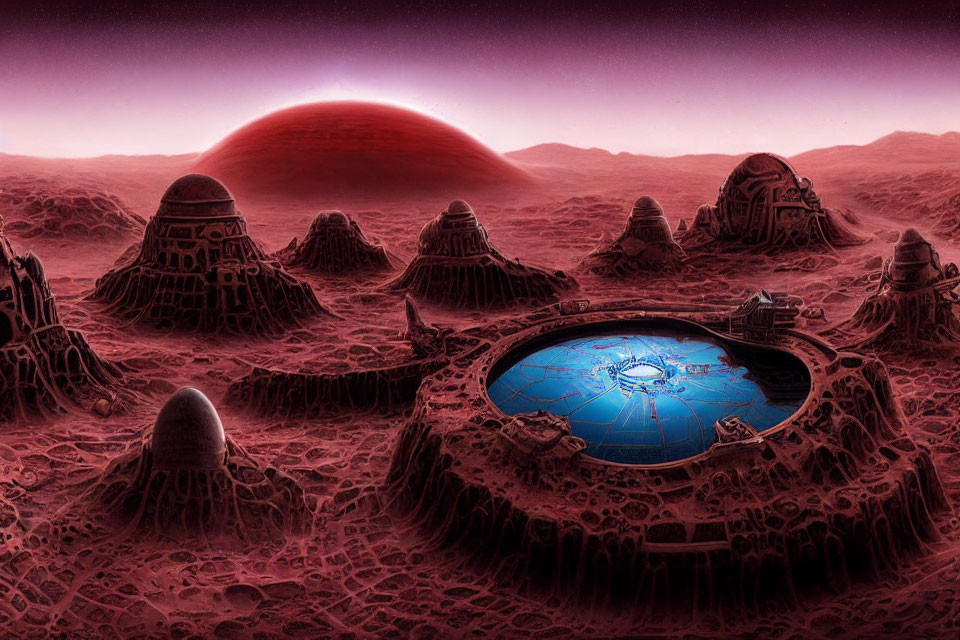 Surreal Martian landscape with crimson skies and futuristic structures