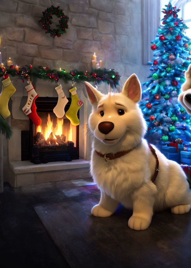 White Dog in Cozy Christmas Scene with Fireplace and Tree