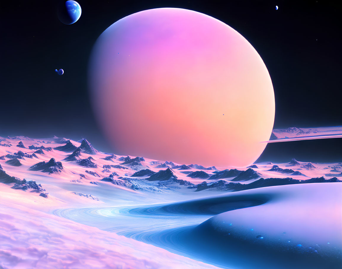 Snow-covered mountains under large pink planet in vivid sci-fi landscape