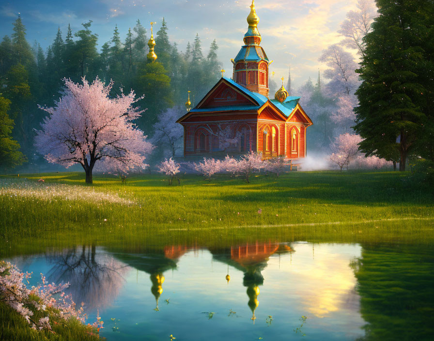Traditional church with golden domes near pink trees and calm lake in forest setting