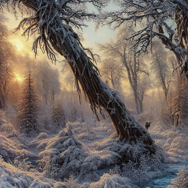 Frost-covered wintry forest with golden sunrise, mist, and stream