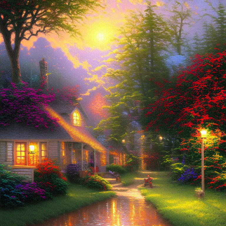 Cozy cottage surrounded by flowers at sunset with lamppost and stream