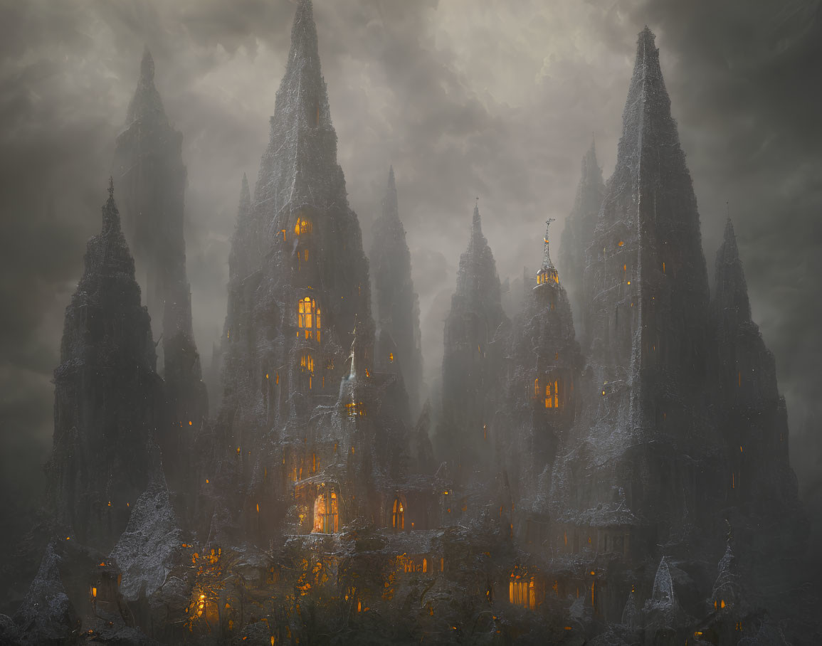 Eerie Gothic spires in dark, misty landscape with golden lights