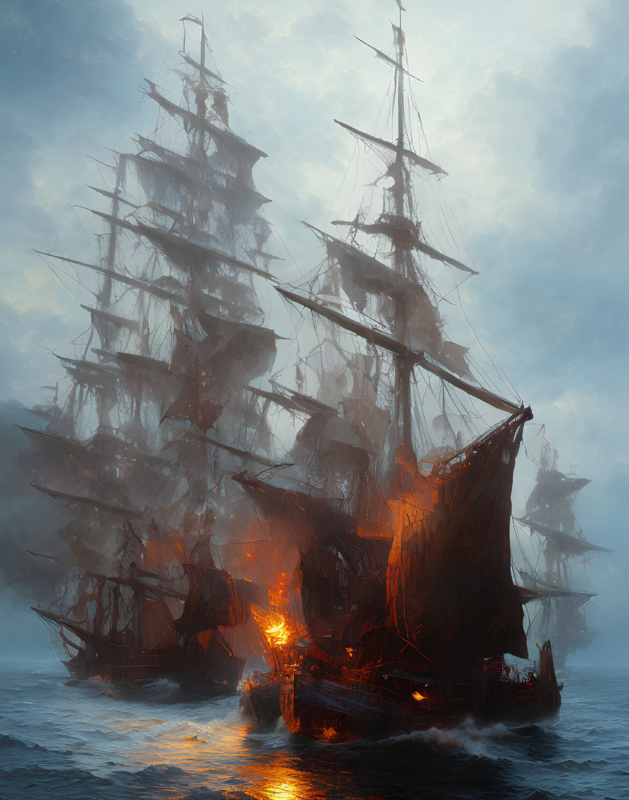 Dramatic tall ships on foggy seas with one ship on fire