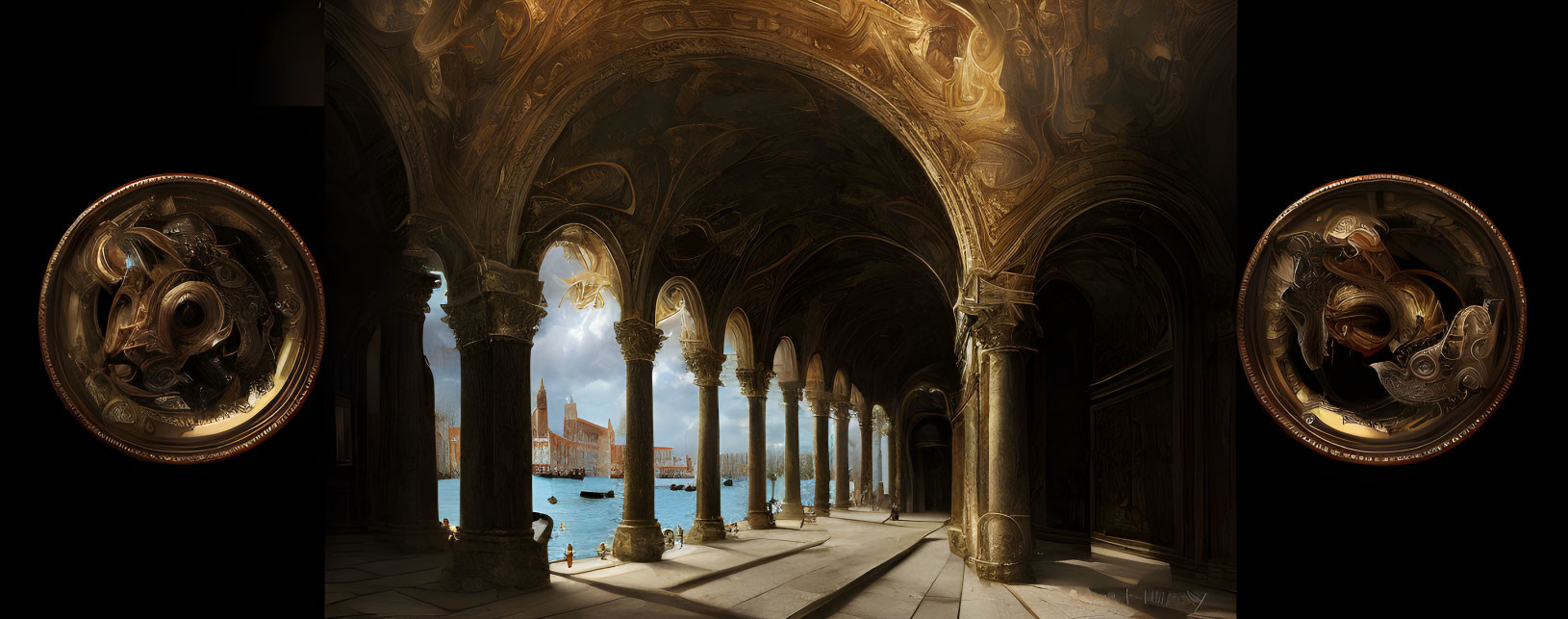 Baroque-style hallway with arched ceilings and columns overlooking serene water view.