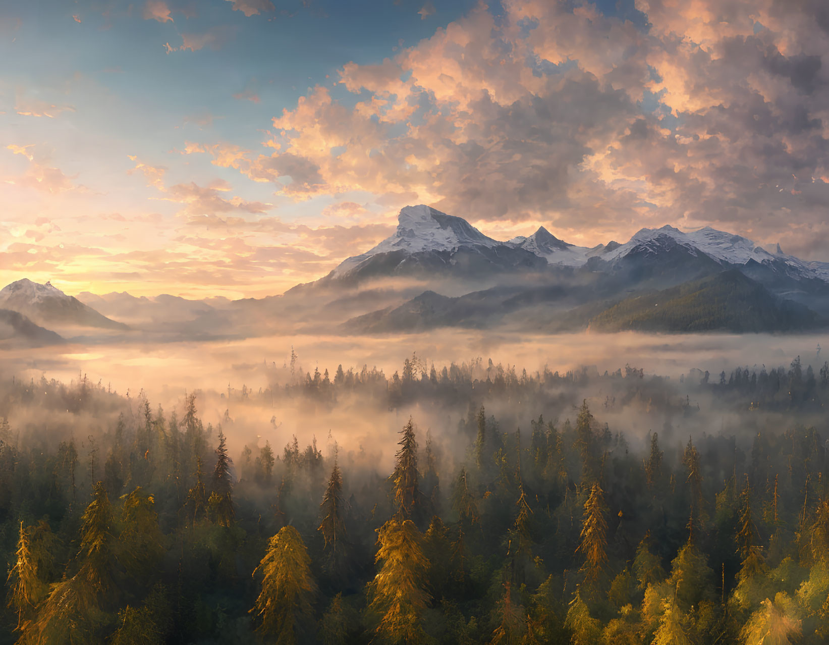 Misty forest at dawn with snowy mountains and golden sunlight