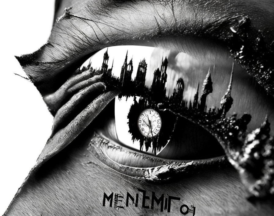 Monochrome close-up photo of eye with Big Ben reflection and "MEMENTO" on cheek