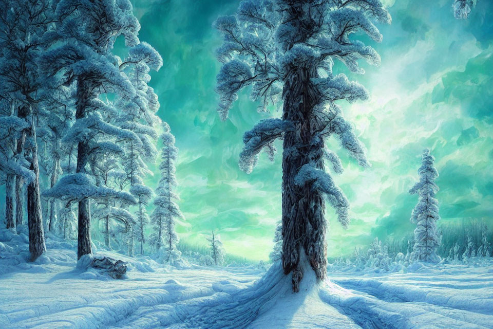 Snow-covered trees in serene winter landscape with soft glow in sky