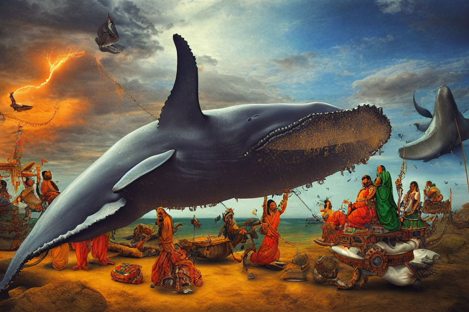 Giant whales hover over desert with traditional-dressed people and floating objects