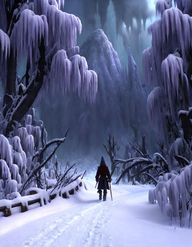 Snowy Forest Scene: Lone Traveler in Red Cloak Amid Misty Atmosphere