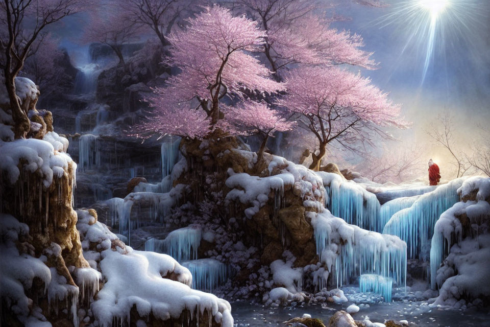 Winter landscape with pink cherry blossoms, snowy rocks, cascading waterfalls, and sunlight.