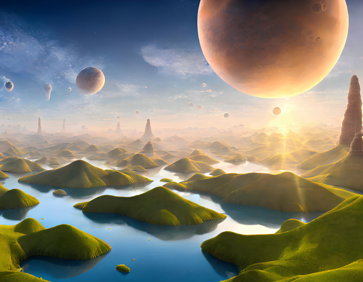 Fantastical landscape with green hills, blue waters, and looming planets in the sky