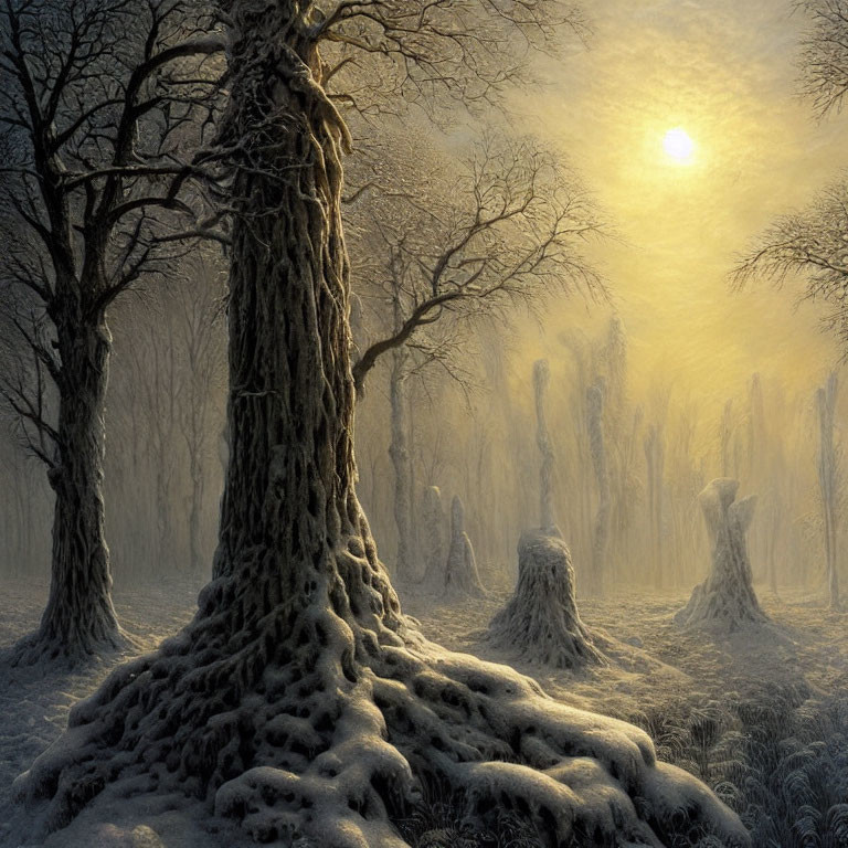 Snowy forest scene with sun filtering through mist, creating tranquil atmosphere