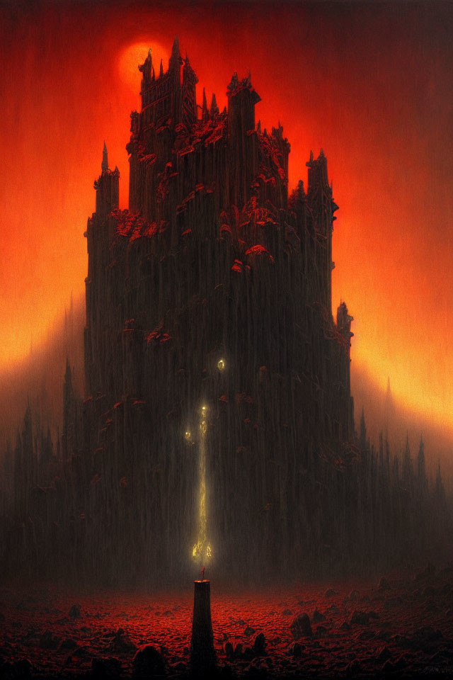 Gothic castle against red sky with glowing trail