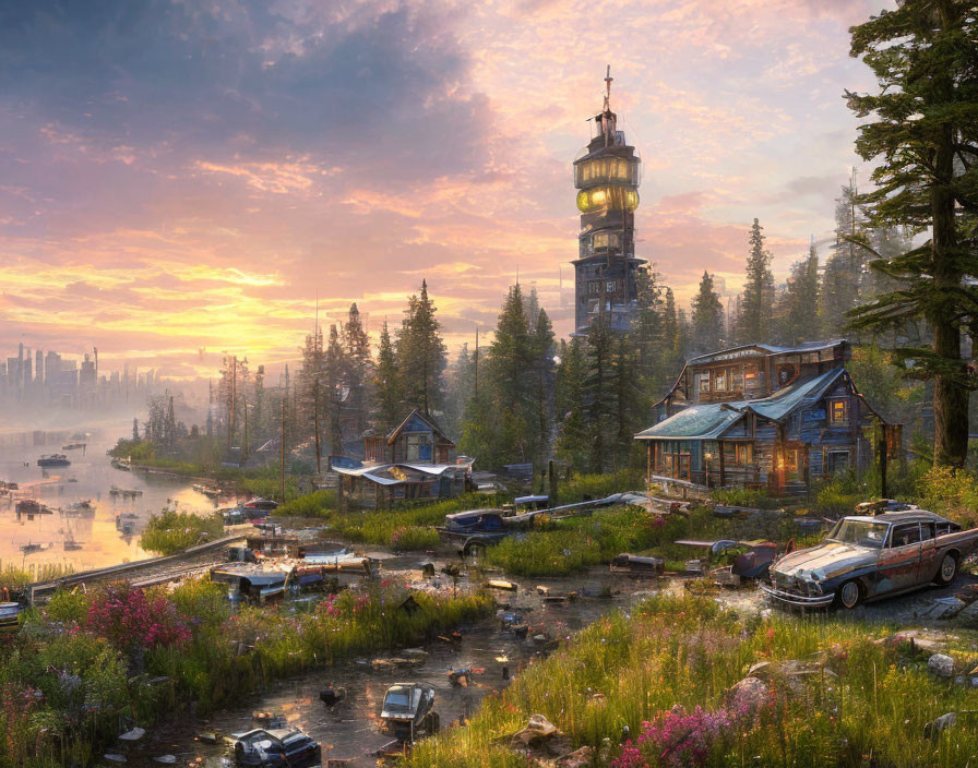 Rustic cabins, lighthouse, and abandoned cars in serene sunrise landscape
