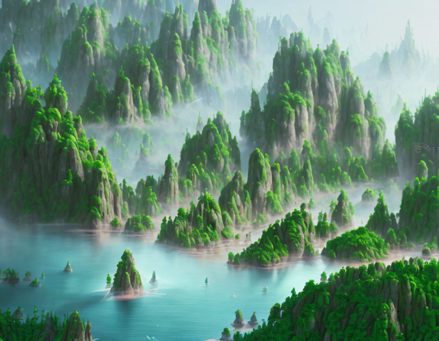 Verdant landscape with towering karst formations and tranquil waters