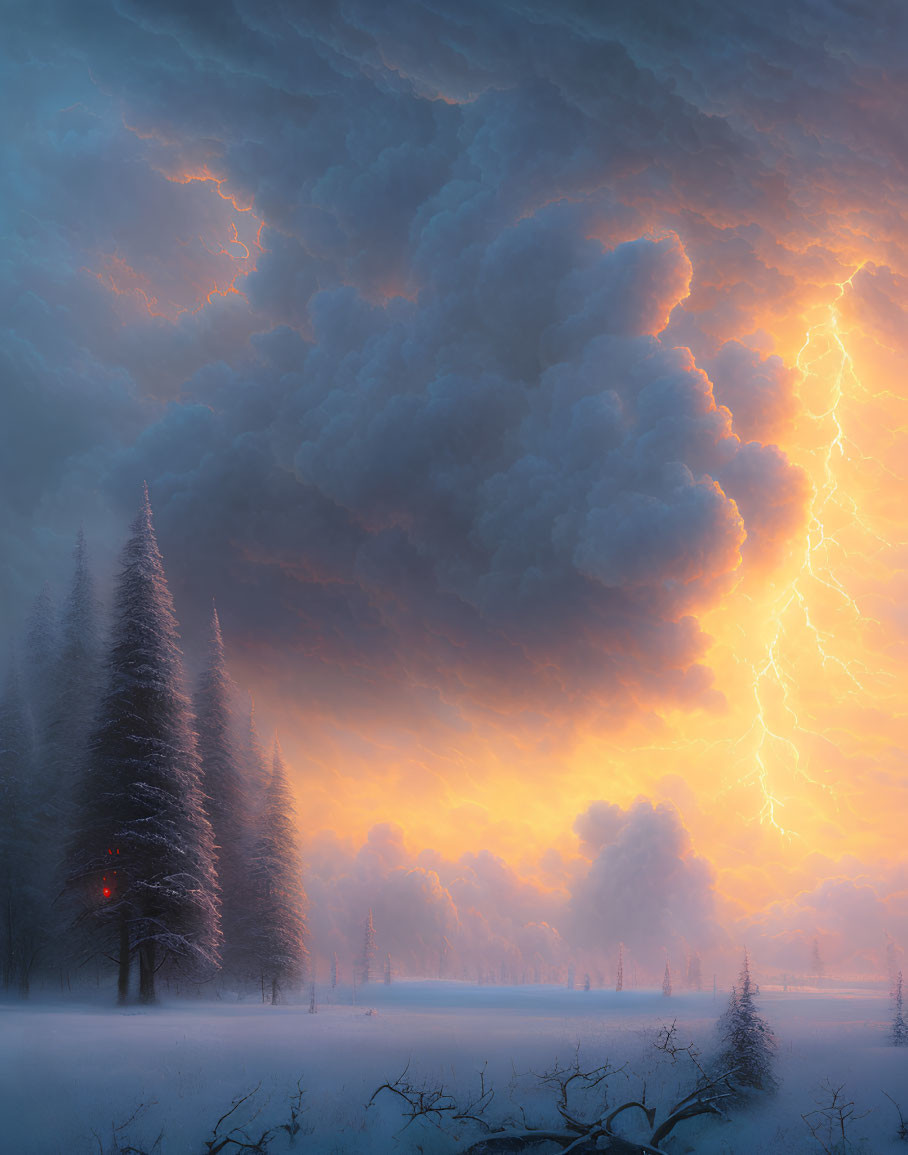 Winter forest landscape with lightning strike and orange light.