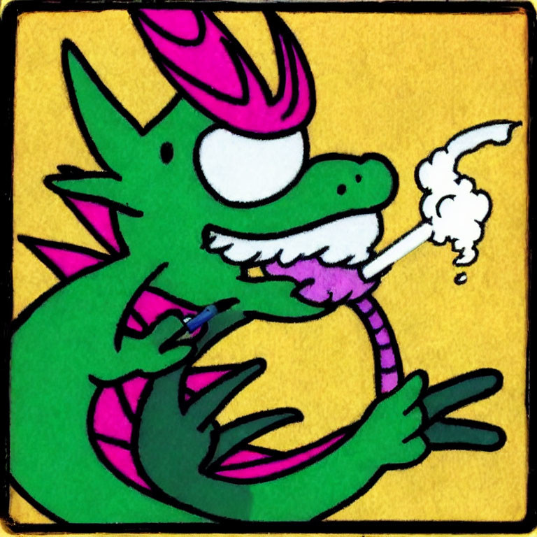 Cartoon dragon with pink horns brushing teeth on yellow background