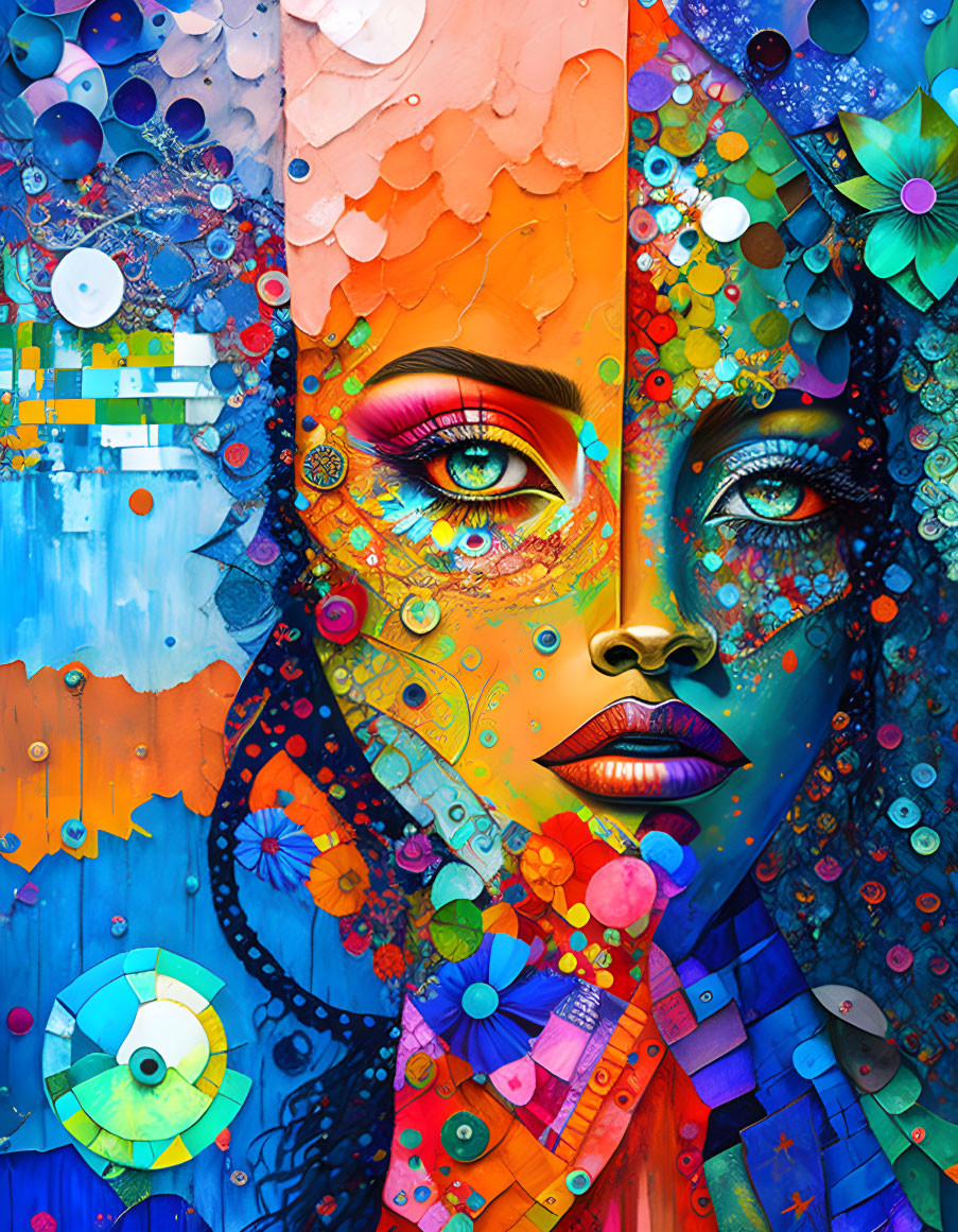Colorful split-face portrait with intricate patterns and floral designs