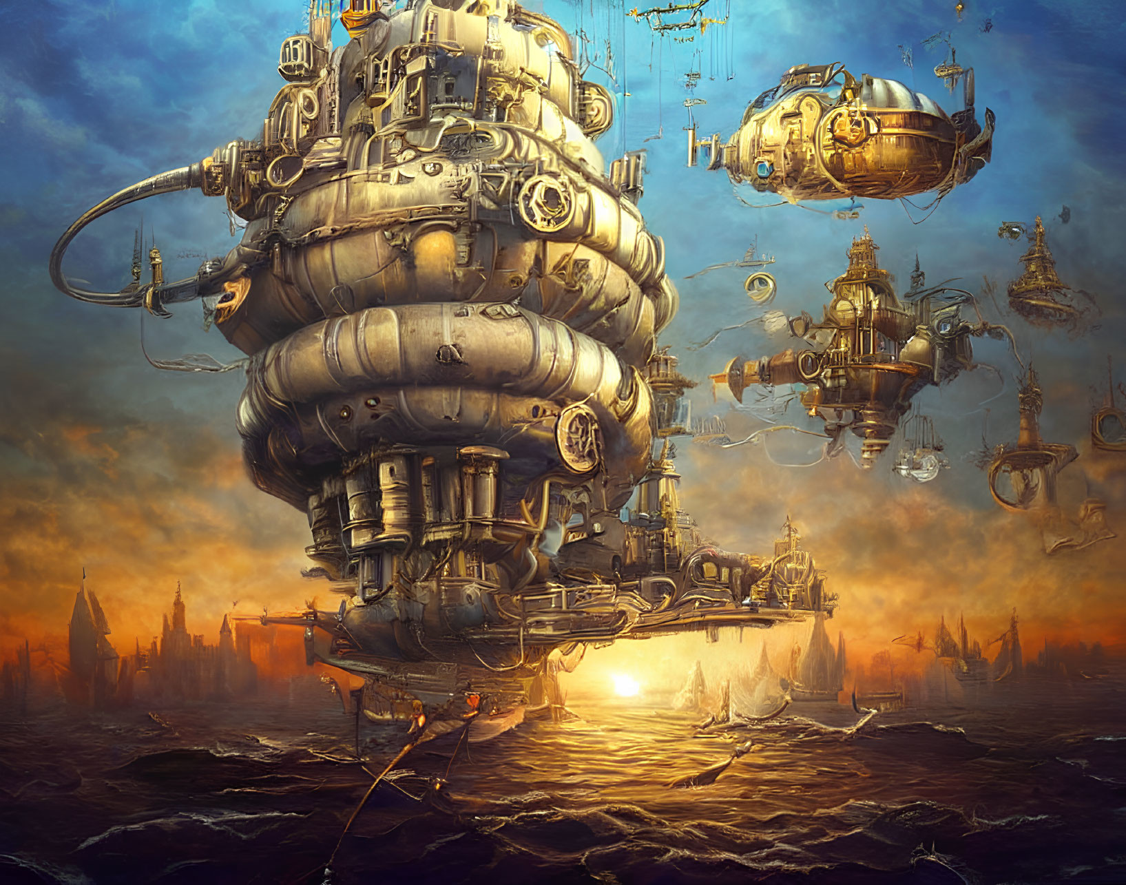 Steampunk city floating above fiery ocean with airships and dramatic sky