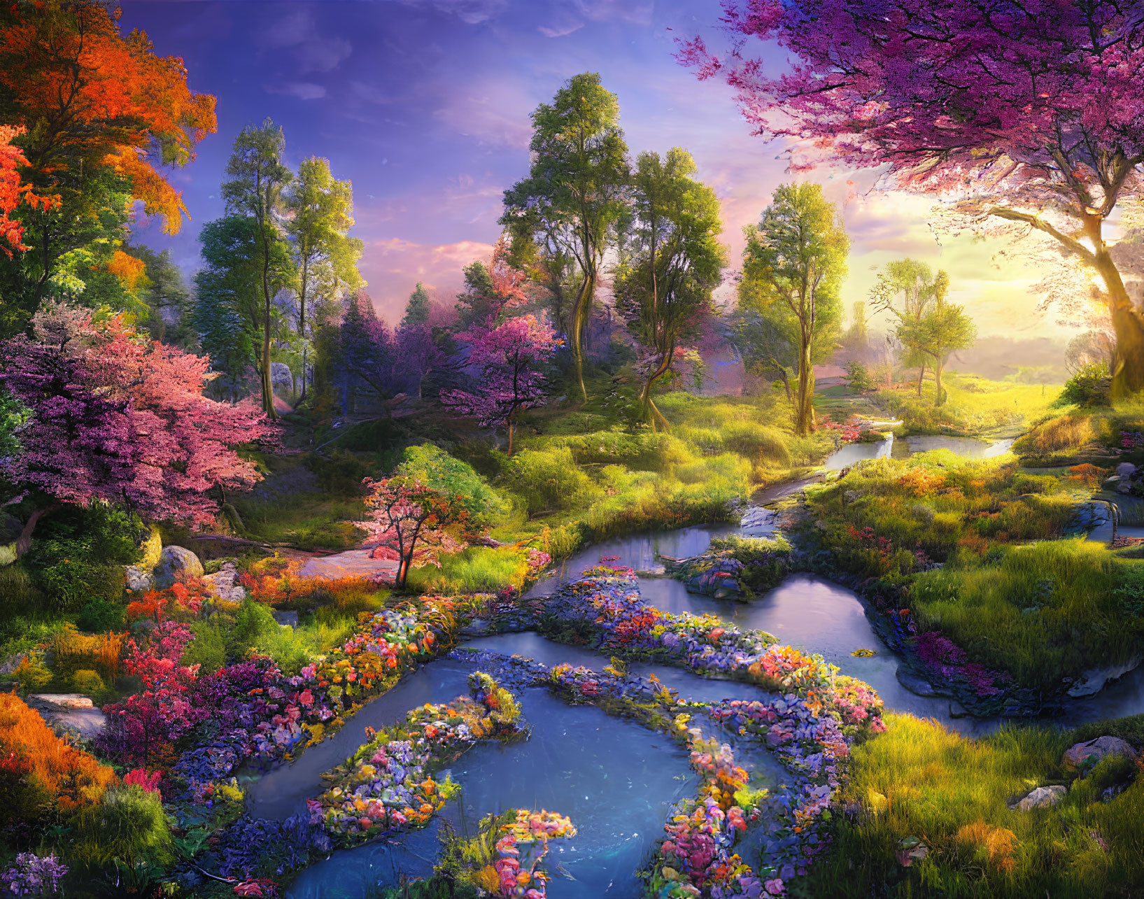 Colorful Fantasy Landscape with River, Trees, and Cherry Blossoms