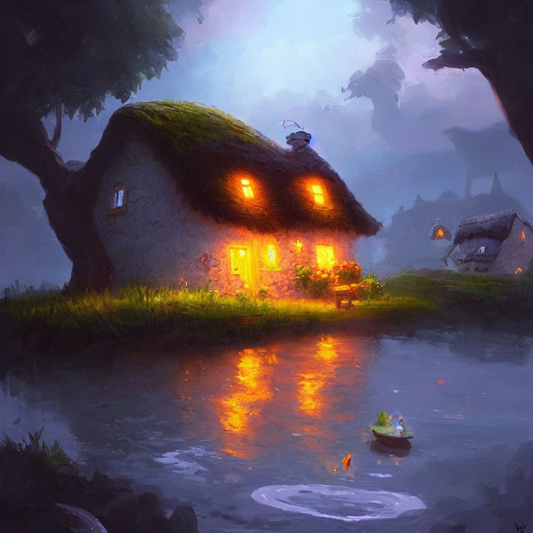 Quaint Thatched-Roof Cottage Reflecting on Serene Pond at Dusk