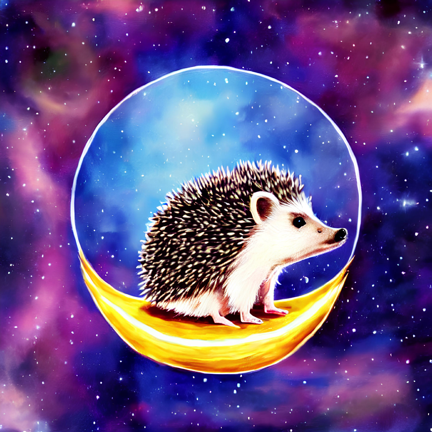Adorable hedgehog on crescent moon in cosmic bubble scenery