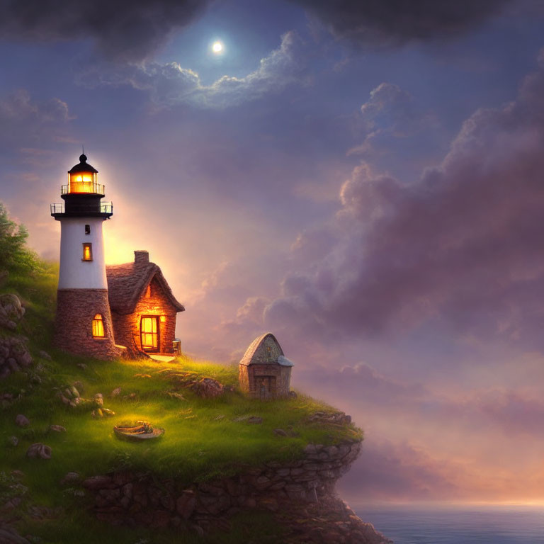 Lighthouse on lush cliffside under twilight sky