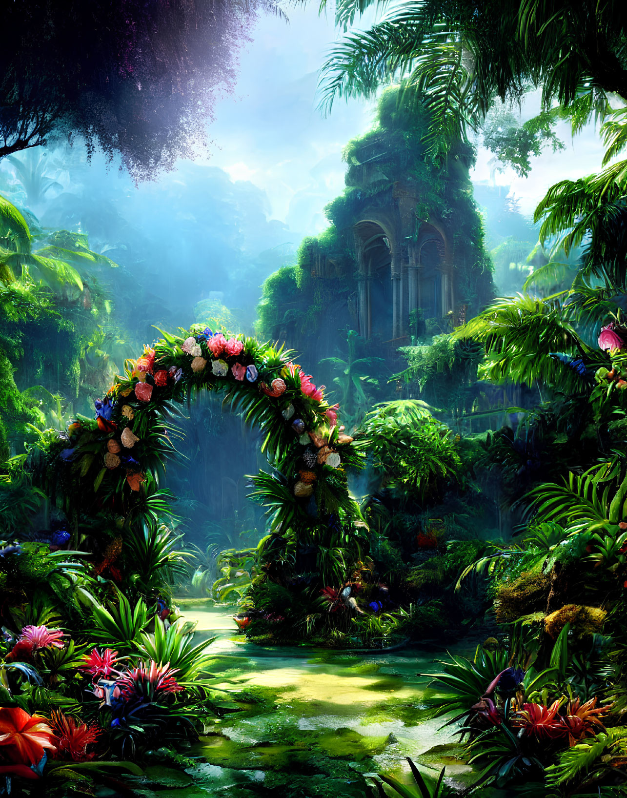 Vibrant jungle scene with colorful flowers, archway, and ancient ruins in mystical light
