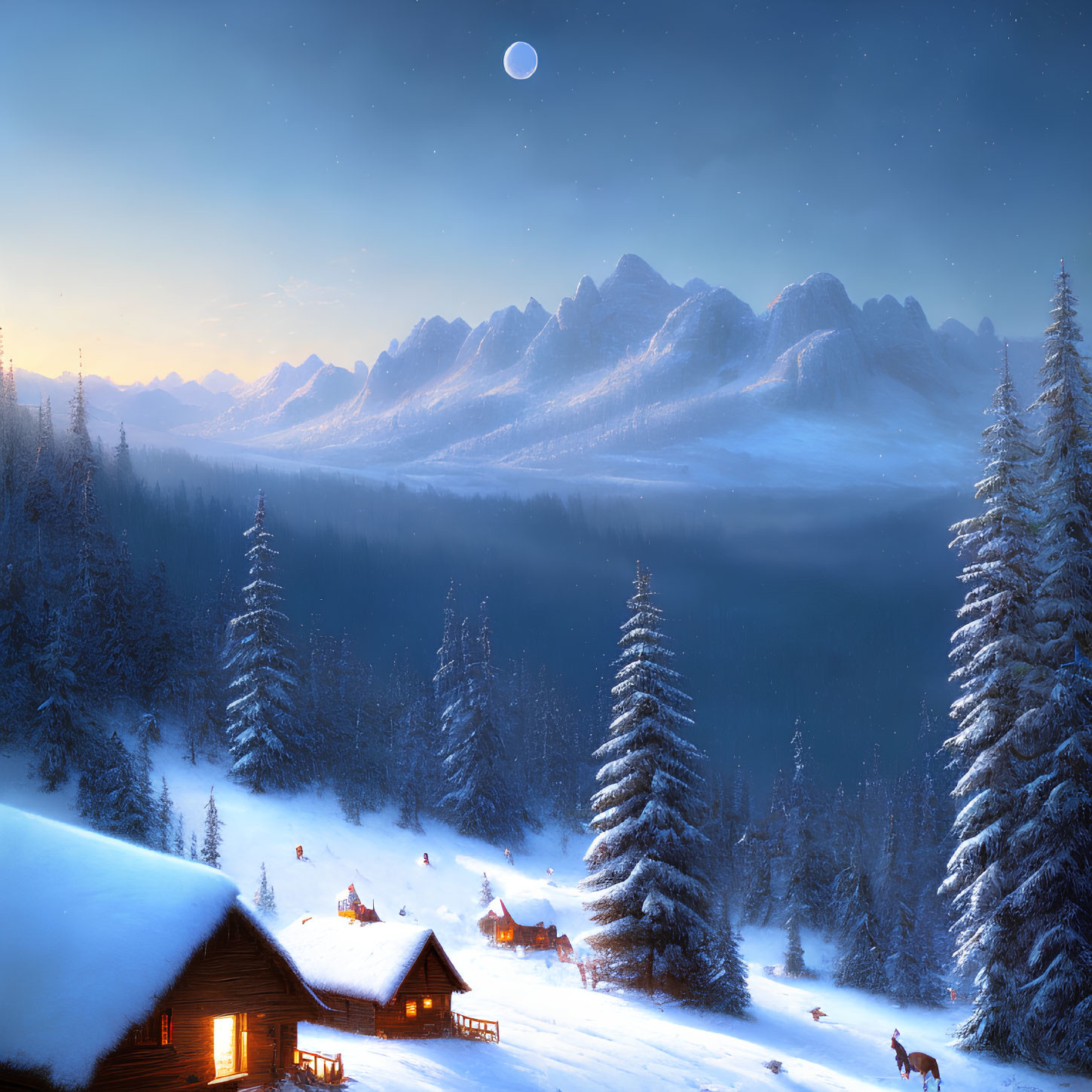 Snow-covered trees and cabins under starlit sky on serene winter night