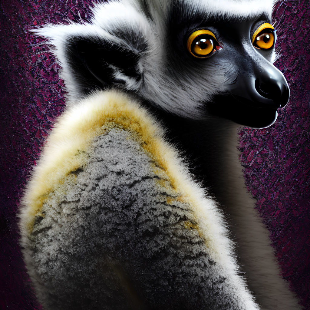 Detailed Ring-Tailed Lemur with Orange Eyes and Fur Patterns on Purple Background