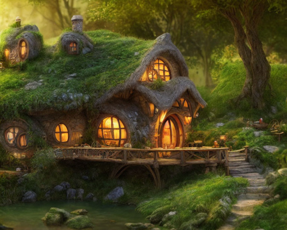 Thatched roof fairy-tale cottage in serene forest with wooden bridge