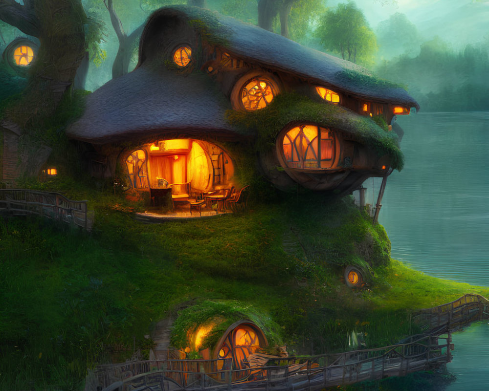 Enchanting fantasy cottage with thatched roofs in lush forest at twilight