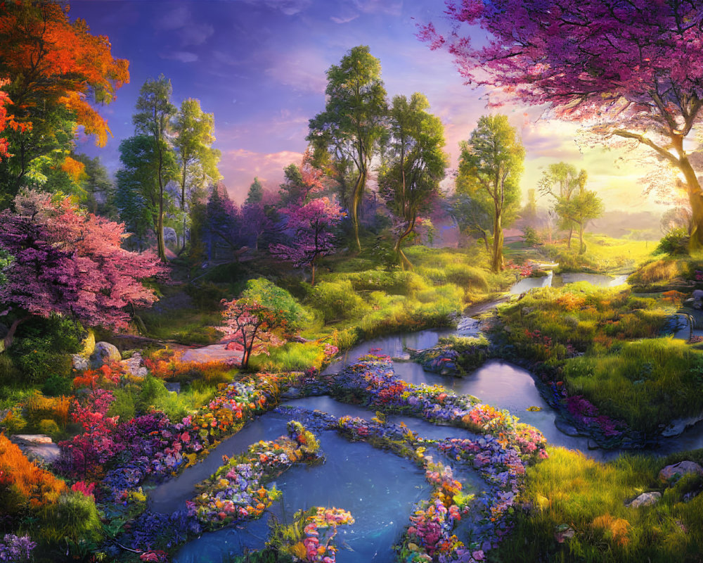 Colorful Fantasy Landscape with River, Trees, and Cherry Blossoms