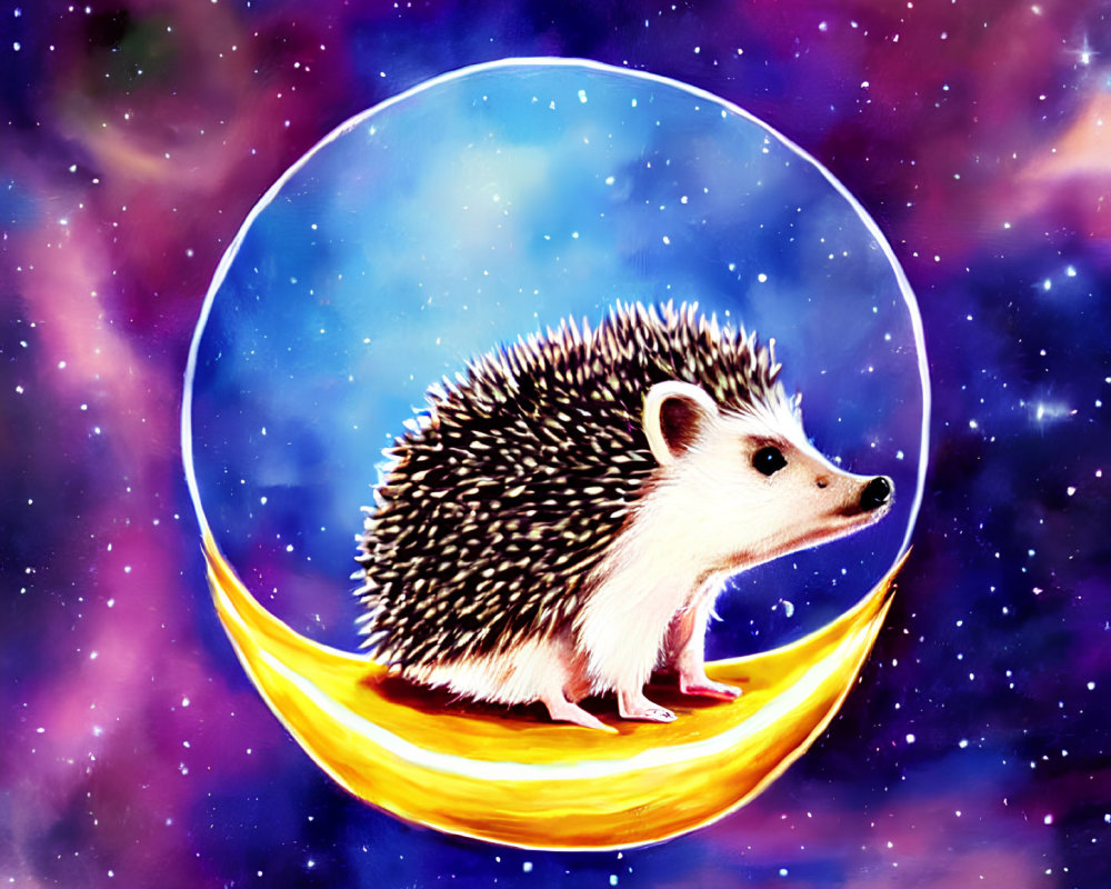 Adorable hedgehog on crescent moon in cosmic bubble scenery